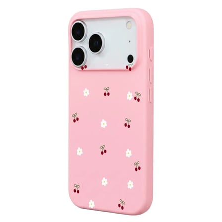 iPhone 17 Pro Pembe Lansman Renkli Silikon Kiraz ve Çiçek Desenli Kamera Korumalı Kılıf