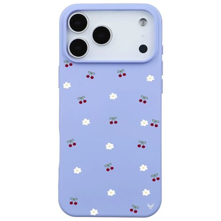 iPhone 17 Pro Max Lila Lansman Renkli Silikon Kiraz ve Çiçek Desenli Kamera Korumalı Kılıf