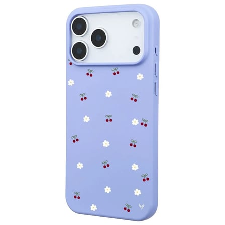 iPhone 17 Pro Max Lila Lansman Renkli Silikon Kiraz ve Çiçek Desenli Kamera Korumalı Kılıf