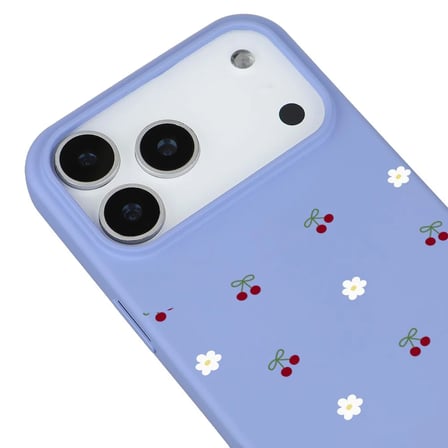 iPhone 17 Pro Max Lila Lansman Renkli Silikon Kiraz ve Çiçek Desenli Kamera Korumalı Kılıf