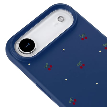 iPhone 17 Air Lacivert Lansman Renkli Silikon Kiraz ve Çiçek Desenli Kamera Korumalı Kılıf