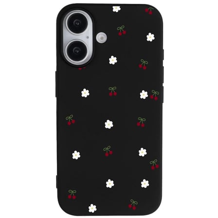 iPhone 17 Siyah Lansman Renkli Silikon Kiraz ve Çiçek Desenli Kamera Korumalı Kılıf