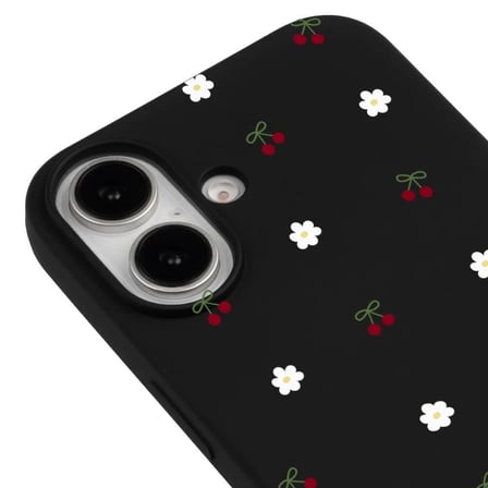 iPhone 17 Siyah Lansman Renkli Silikon Kiraz ve Çiçek Desenli Kamera Korumalı Kılıf