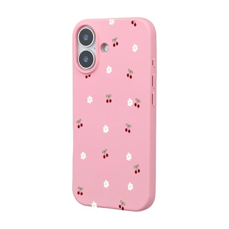 iPhone 17 Pembe Lansman Renkli Silikon Kiraz ve Çiçek Desenli Kamera Korumalı Kılıf