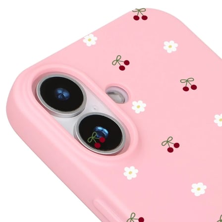 iPhone 17 Pembe Lansman Renkli Silikon Kiraz ve Çiçek Desenli Kamera Korumalı Kılıf