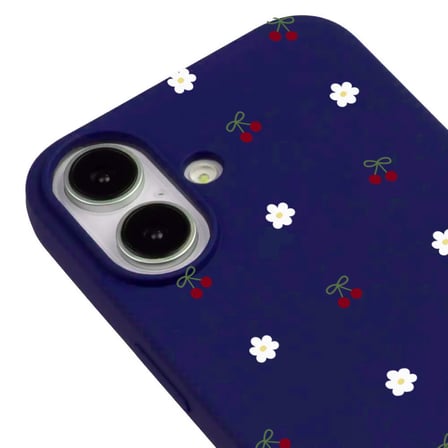 iPhone 17 Lacivert Lansman Renkli Silikon Kiraz ve Çiçek Desenli Kamera Korumalı Kılıf