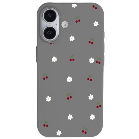 iPhone 17 Gri Lansman Renkli Silikon Kiraz ve Çiçek Desenli Kamera Korumalı Kılıf