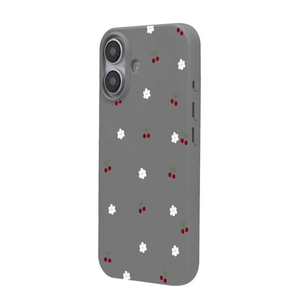 iPhone 17 Gri Lansman Renkli Silikon Kiraz ve Çiçek Desenli Kamera Korumalı Kılıf