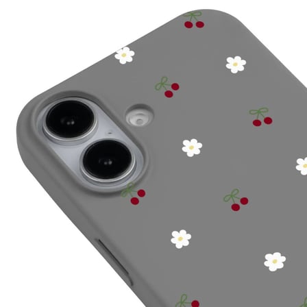 iPhone 17 Gri Lansman Renkli Silikon Kiraz ve Çiçek Desenli Kamera Korumalı Kılıf