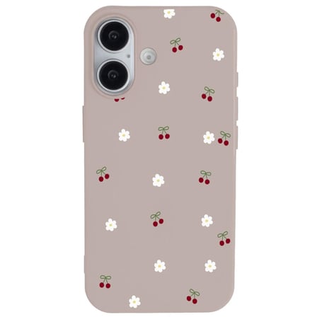 iPhone 16 Plus Pudra Lansman Renkli Silikon Kiraz ve Çiçek Desenli Kamera Korumalı Kılıf
