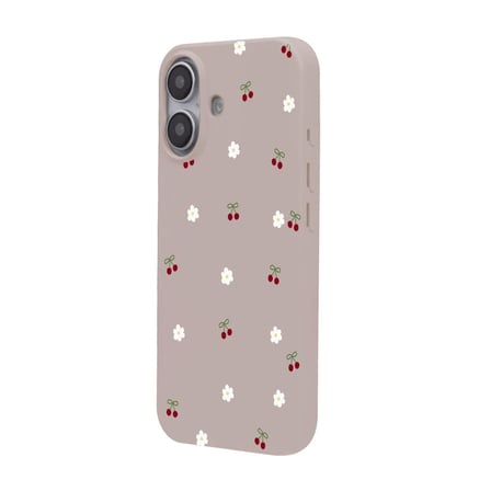 iPhone 16 Plus Pudra Lansman Renkli Silikon Kiraz ve Çiçek Desenli Kamera Korumalı Kılıf