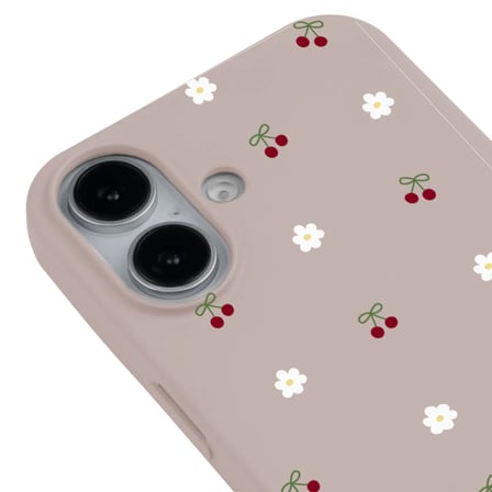 iPhone 16 Plus Pudra Lansman Renkli Silikon Kiraz ve Çiçek Desenli Kamera Korumalı Kılıf