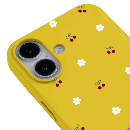 iPhone 16 Plus Sarı Lansman Renkli Silikon Kiraz ve Çiçek Desenli Kamera Korumalı Kılıf