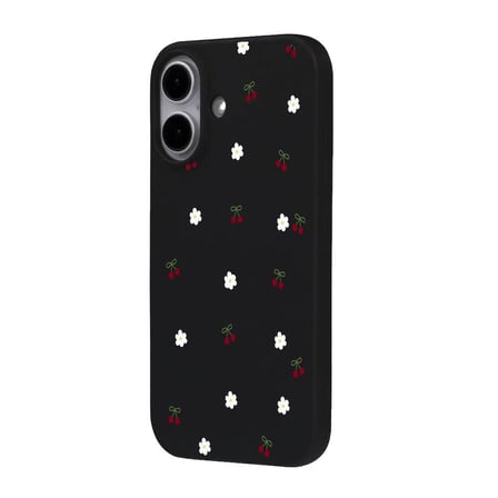 iPhone 16 Plus Siyah Lansman Renkli Silikon Kiraz ve Çiçek Desenli Kamera Korumalı Kılıf
