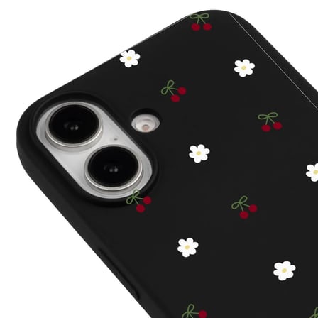 iPhone 16 Plus Siyah Lansman Renkli Silikon Kiraz ve Çiçek Desenli Kamera Korumalı Kılıf