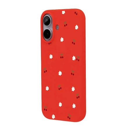 iPhone 16 Kırmızı Lansman Renkli Silikon Kiraz ve Çiçek Desenli Kamera Korumalı Kılıf