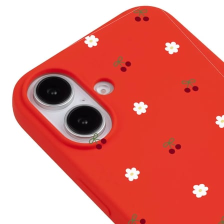 iPhone 16 Kırmızı Lansman Renkli Silikon Kiraz ve Çiçek Desenli Kamera Korumalı Kılıf