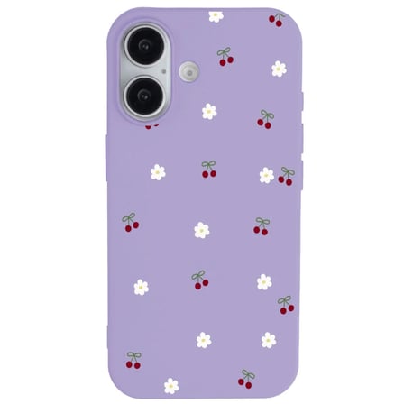 iPhone 16 Lila Lansman Renkli Silikon Kiraz ve Çiçek Desenli Kamera Korumalı Kılıf