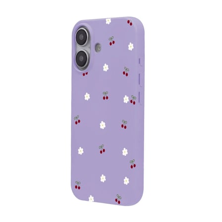 iPhone 16 Lila Lansman Renkli Silikon Kiraz ve Çiçek Desenli Kamera Korumalı Kılıf