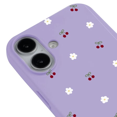 iPhone 16 Lila Lansman Renkli Silikon Kiraz ve Çiçek Desenli Kamera Korumalı Kılıf