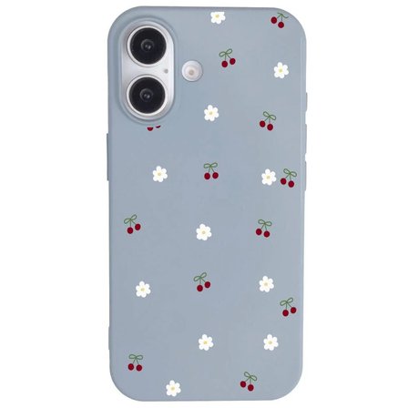 iPhone 16 Mavi Lansman Renkli Silikon Kiraz ve Çiçek Desenli Kamera Korumalı Kılıf