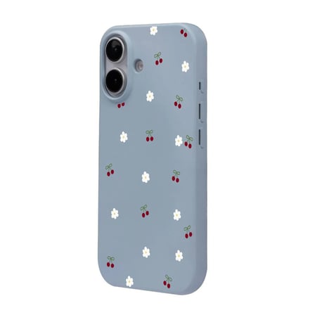 iPhone 16 Mavi Lansman Renkli Silikon Kiraz ve Çiçek Desenli Kamera Korumalı Kılıf