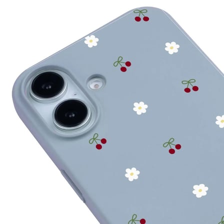 iPhone 16 Mavi Lansman Renkli Silikon Kiraz ve Çiçek Desenli Kamera Korumalı Kılıf