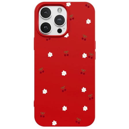 iPhone 15 Pro Max Kırmızı Lansman Renkli Silikon Kiraz ve Çiçek Desenli Kamera Korumalı Kılıf
