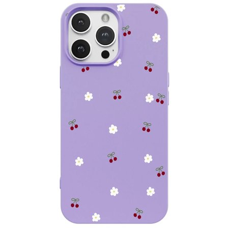 iPhone 15 Pro Max Lila Lansman Renkli Silikon Kiraz ve Çiçek Desenli Kamera Korumalı Kılıf