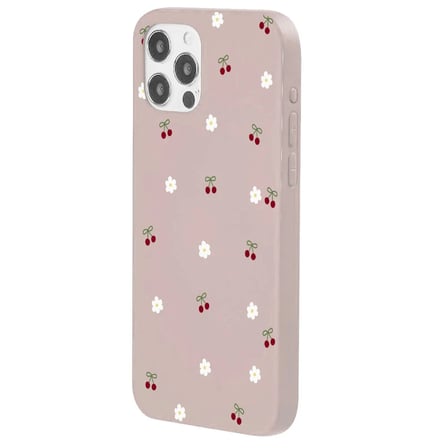iPhone 15 Pro Max Pudra Lansman Renkli Silikon Kiraz ve Çiçek Desenli Kamera Korumalı Kılıf