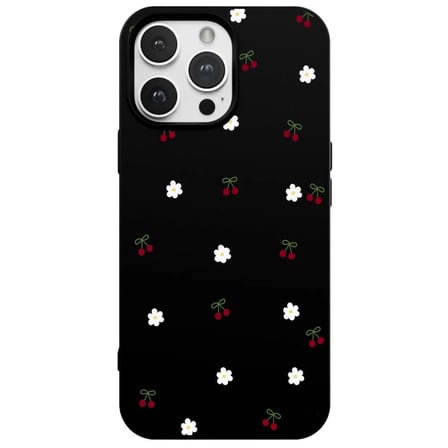 iPhone 15 Pro Max Siyah Lansman Renkli Silikon Kiraz ve Çiçek Desenli Kamera Korumalı Kılıf