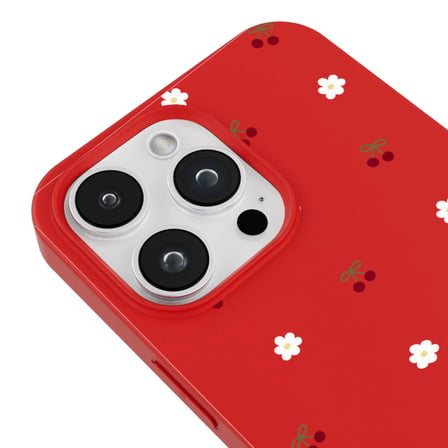 iPhone 15 Pro Kırmızı Lansman Renkli Silikon Kiraz ve Çiçek Desenli Kamera Korumalı Kılıf