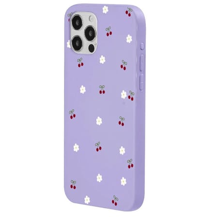 iPhone 15 Pro Lila Lansman Renkli Silikon Kiraz ve Çiçek Desenli Kamera Korumalı Kılıf