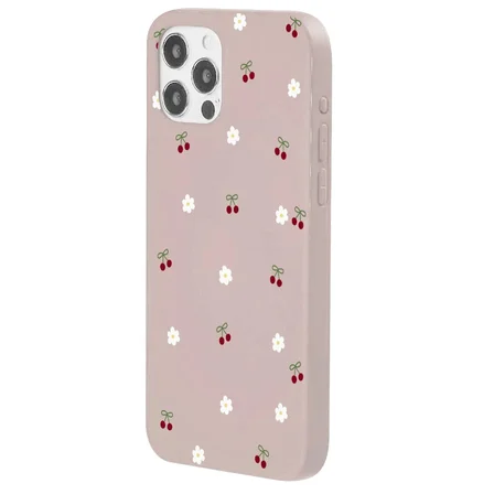 iPhone 15 Pro Pudra Lansman Renkli Silikon Kiraz ve Çiçek Desenli Kamera Korumalı Kılıf