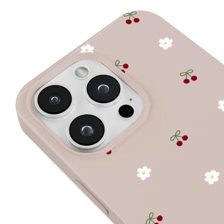 iPhone 15 Pro Pudra Lansman Renkli Silikon Kiraz ve Çiçek Desenli Kamera Korumalı Kılıf