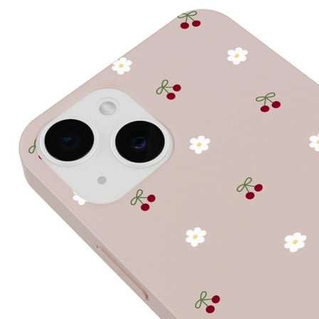 iPhone 15 Plus Pudra Lansman Renkli Silikon Kiraz ve Çiçek Desenli Kamera Korumalı Kılıf