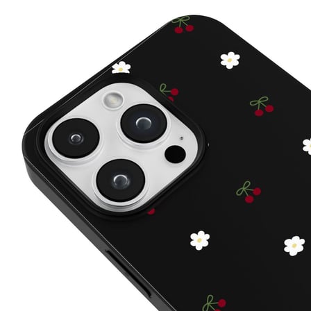 iPhone 14 Pro Siyah Lansman Renkli Silikon Kiraz ve Çiçek Desenli Kamera Korumalı Kılıf