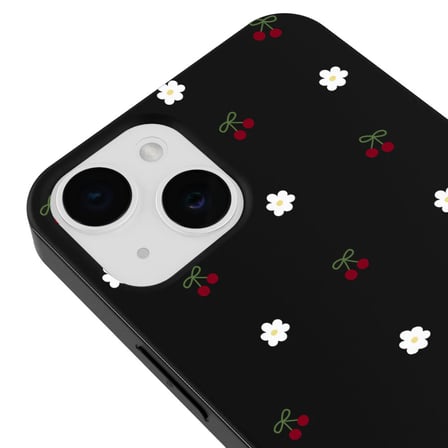 iPhone 14 Plus Siyah Lansman Renkli Silikon Kiraz ve Çiçek Desenli Kamera Korumalı Kılıf