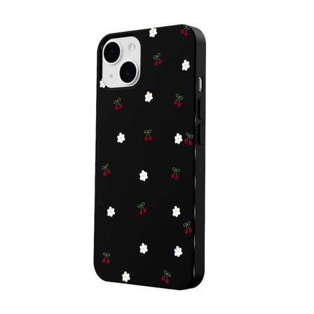 iPhone 14 Siyah Lansman Renkli Silikon Kiraz ve Çiçek Desenli Kamera Korumalı Kılıf