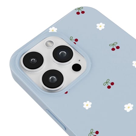 iPhone 13 Pro Max Mavi Lansman Renkli Silikon Kiraz ve Çiçek Desenli Kamera Korumalı Kılıf