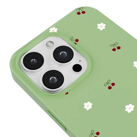 iPhone 13 Pro Max Yeşil Lansman Renkli Silikon Kiraz ve Çiçek Desenli Kamera Korumalı Kılıf