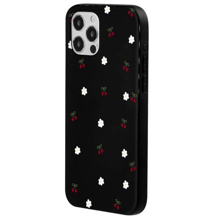 iPhone 13 Pro Siyah Lansman Renkli Silikon Kiraz ve Çiçek Desenli Kamera Korumalı Kılıf
