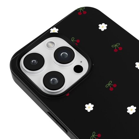 iPhone 13 Pro Siyah Lansman Renkli Silikon Kiraz ve Çiçek Desenli Kamera Korumalı Kılıf