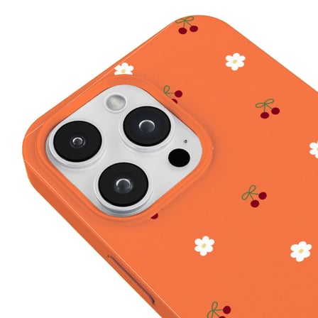 iPhone 13 Pro Turuncu Lansman Renkli Silikon Kiraz ve Çiçek Desenli Kamera Korumalı Kılıf