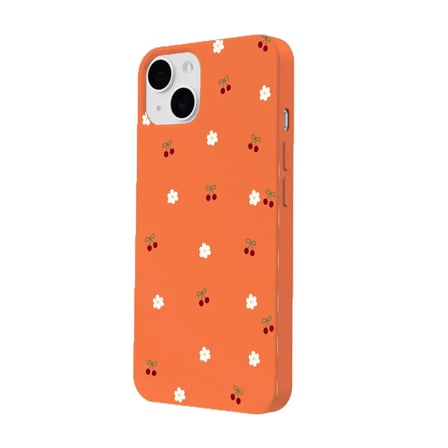 iPhone 13 Mini Turuncu Lansman Renkli Silikon Kiraz ve Çiçek Desenli Kamera Korumalı Kılıf