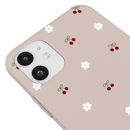 iPhone 12 Mini Pudra Lansman Renkli Silikon Kiraz ve Çiçek Desenli Kamera Korumalı Kılıf