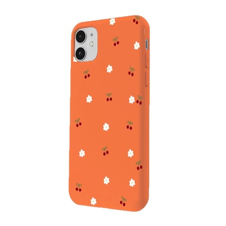 iPhone 12 Turuncu Lansman Renkli Silikon Kiraz ve Çiçek Desenli Kamera Korumalı Kılıf