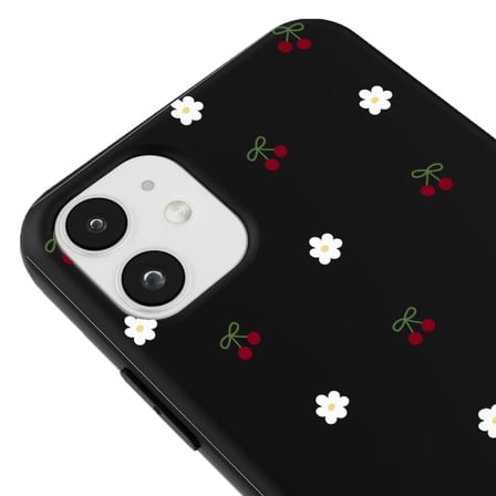 iPhone 12 Turuncu Lansman Renkli Silikon Kiraz ve Çiçek Desenli Kamera Korumalı Kılıf