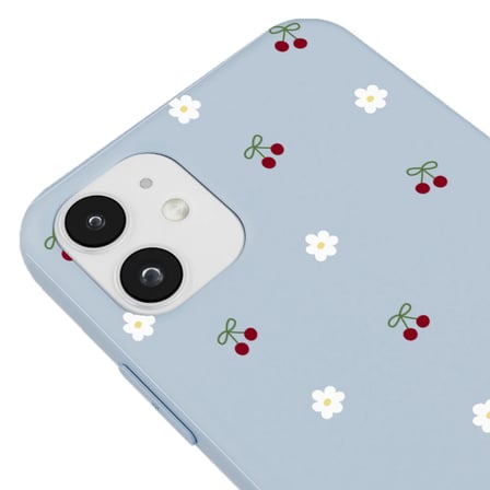 iPhone 12 Mavi Lansman Renkli Silikon Kiraz ve Çiçek Desenli Kamera Korumalı Kılıf