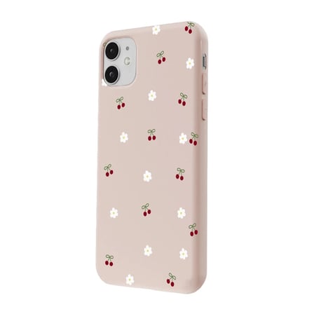 iPhone 12 Pudra Lansman Renkli Silikon Kiraz ve Çiçek Desenli Kamera Korumalı Kılıf